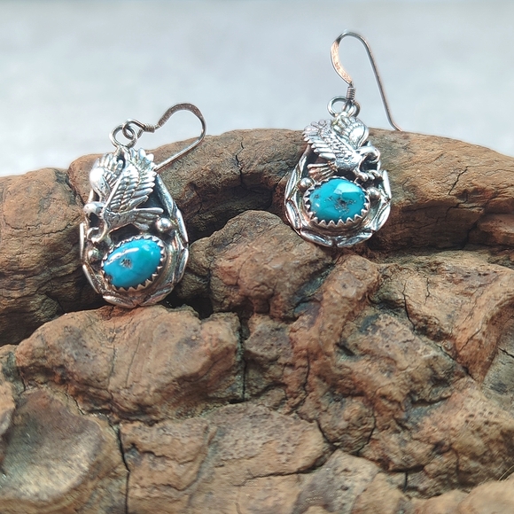 Vintage Turquoise Sterling Silver Native American Eagle Navajo Dangle Earrings - Picture 1 of 5